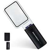 Eschenbach Mobilux LED Handheld Magnifier, 3.5X, 75 x 50 mm, 10D | Large rectangular PXM lens provides a broad reading area; LED color filters, protective cover and 2 AA batteries included