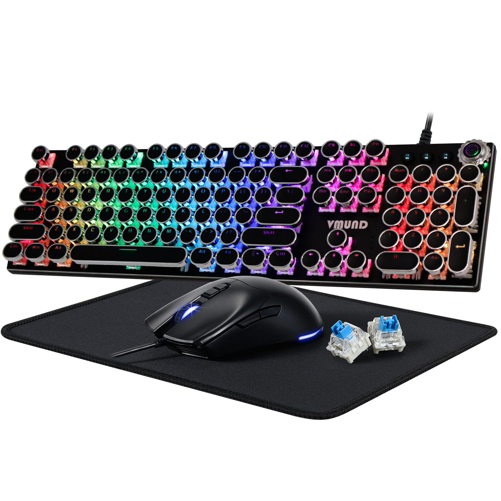 Photo 1 of Typewriter Mechanical Gaming Keyboard and Mouse Combo, Rainbow RGB Backlit Wired Keyboards with Blue Switches Round Keycaps Media Control Knob for PC Computer
