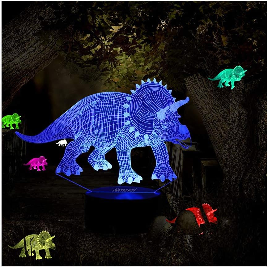 Gift Ideas Night Lights 3D Illusion Lamp Animal Light Led Desk Lamps Unique Gifts for Baby Home Decor Office Bedroom Wedding Party Decorations Nursery Lighting 7 Color (Triceratops)
