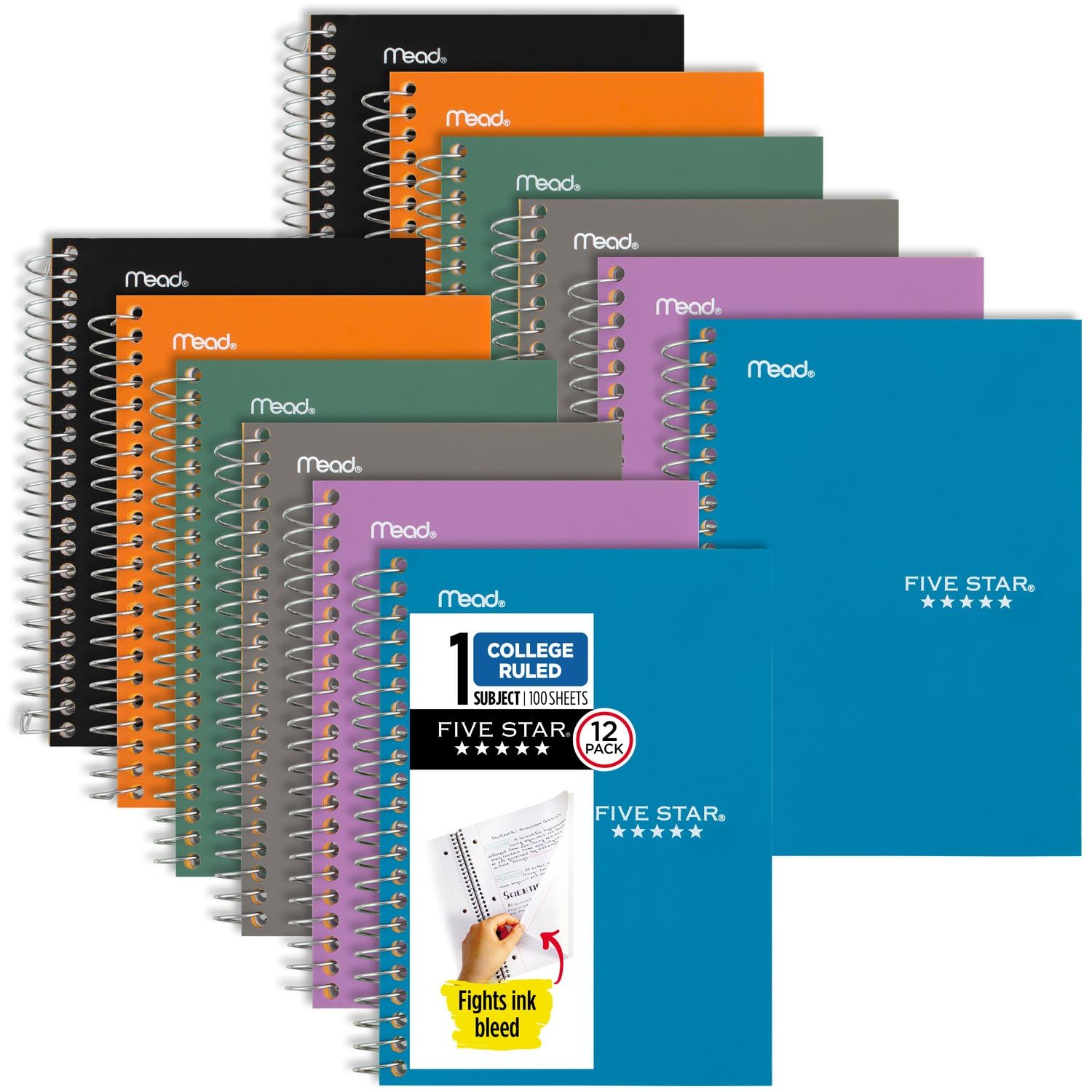 Five Star Personal Spiral Notebooks, 12 Pack, 1 Subject, College Ruled Paper, 7" x 4-3/8", Small Size, 100 Sheets, Amethyst Purple, Sedona Orange, Seaglass Green, Tidewater Blue, Gray, Black (38029)