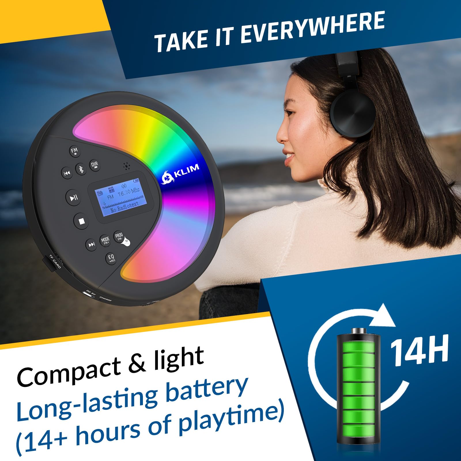KLIM Discover with Headphones - Portable CD Player Walkman with Long-Lasting Battery - New - Radio FM - Compatible MP3 CD Player Portable - SD Card, FM Transmitter, Bluetooth - Ideal for Cars