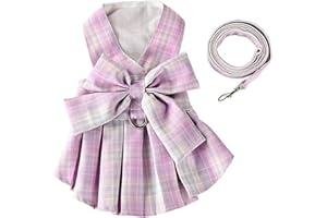PMIYS Dog Dress Harness and Leash Set, Plaid 3D Bow Dress Leash with Ring for Small Dog Cat Puppy Summer Clothes (Pink, M)