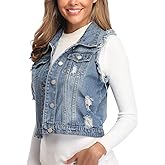 MISS MOLY Women's Ripped Denim Vest Cropped Distressed Classic Sleeveless Jean Vest Jackets With Flap Pockets