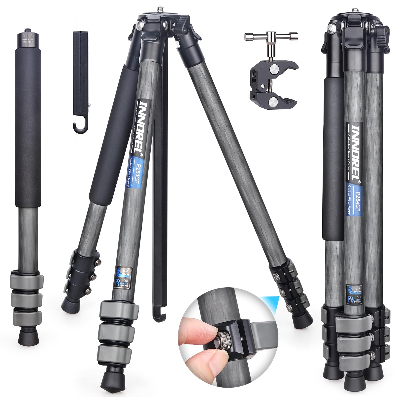 INNOREL P254CF Carbon Fiber Travel Tripod 60" Professional Compact Camera Tripod Stand for Digital DSLR Travel with Fast Flip Buckle Special-Shaped Center Column 0.98in/25mm Tube Max Load 26.5lb/12kg