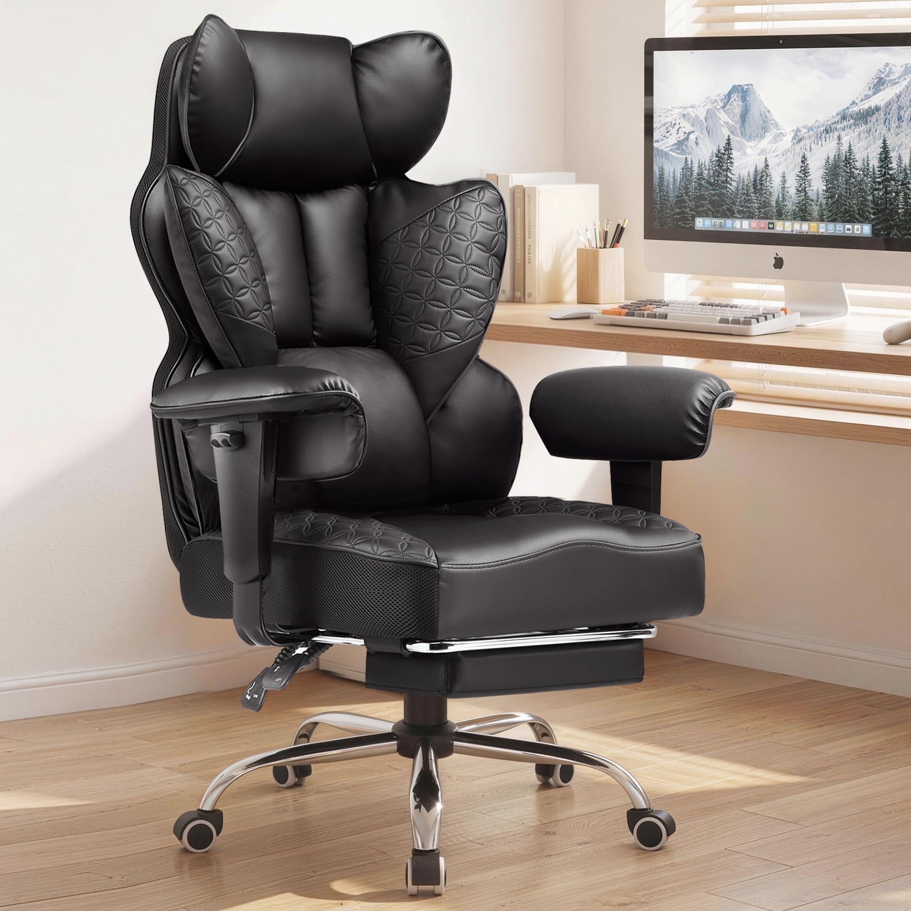 COMHOMA Big and Tall Office Chair Heavy Duty Gaming Chair with Deluxe Embossing Leather High Back Wider Ergonomic Computer Chair with Foot Rest 145°Reclining Pocket Spring Lumbar Support