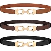 WERFORU 3 Pack Women Skinny Elastic Waist Belt Gold Buckle Stretchy Thin Belt for Jeans Dress