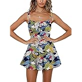 Jeanewpole1 Women's Boho Floral Wide Leg Short Romper Spaghetti Strap Smocked Jumpsuit
