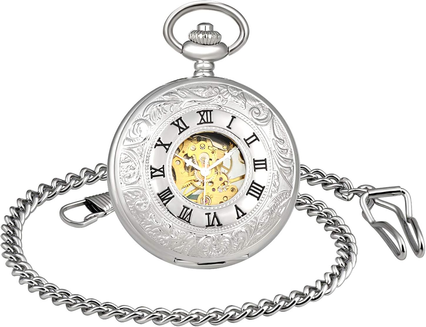 Infinite U Double Time Display Skeleton Hollow Steel Handwind Mechanical Pocket Watch Silver