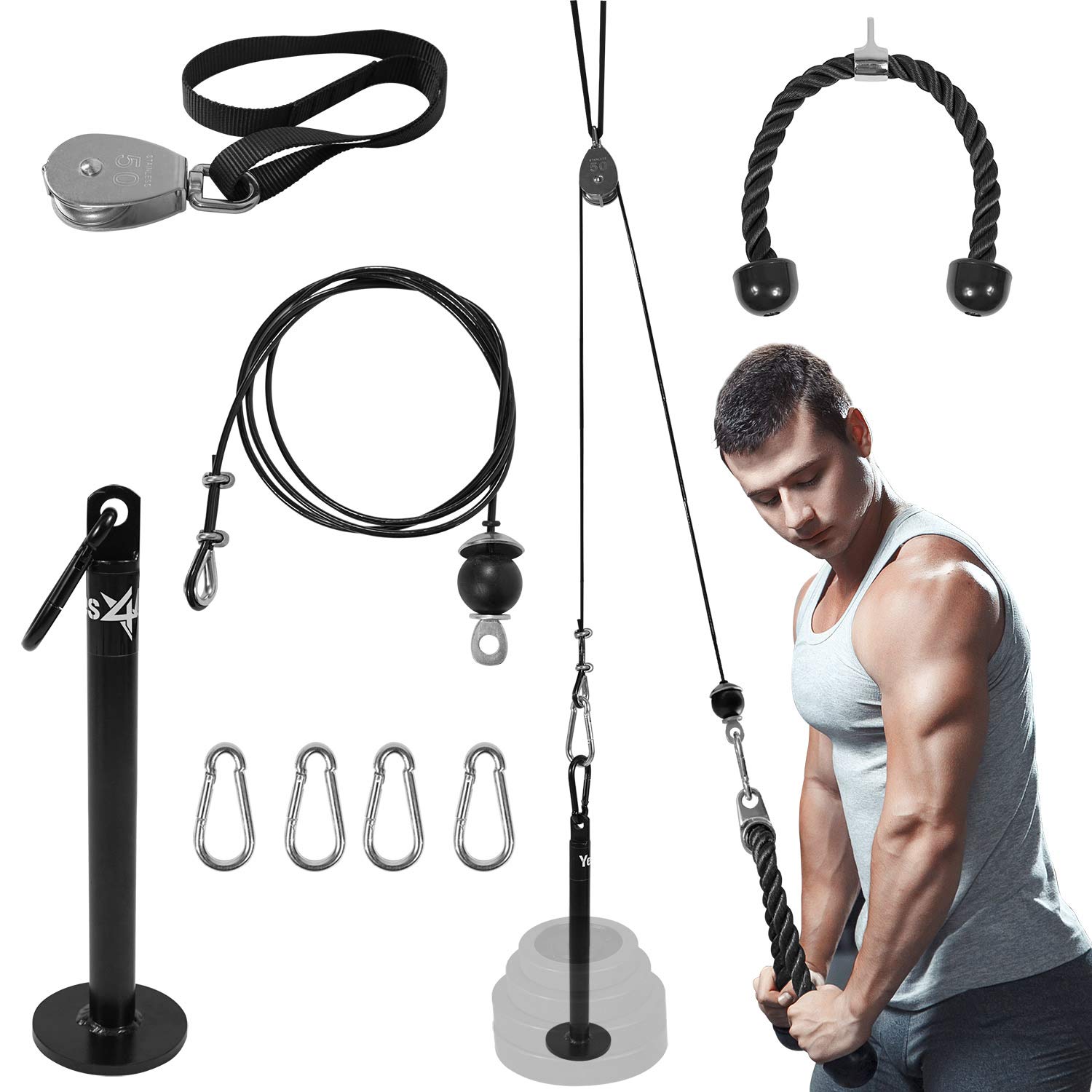 Yes4All LRKD LAT Pulley System with Plate Loading Pin & Pull Down Tricep Rope – Ultimate Cable Pulley Attachments for Standard & Olympic Weight Plates