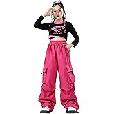 LOLANTA Girls Hip Hop Dance Clothes 2 Piece Outfits Jazz Team Long Sleeve Crop Top Cargo Pants Set