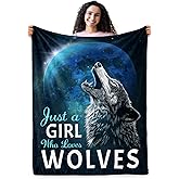Levens Wolf Blanket Gift for Girls, Just A Girl Who Loves Wolf Throw Blankets for Couch & Sofa Bed 60"x50", Funny All-Season Decorative Soft Kids Blanket, for Birthdays & Holidays