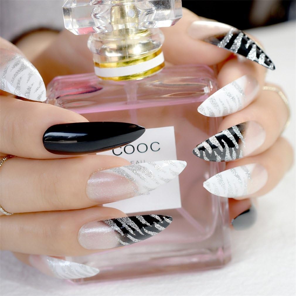 Extra Long Nails Bent Press On Nails Long Nails Including Glue Sticker zebra