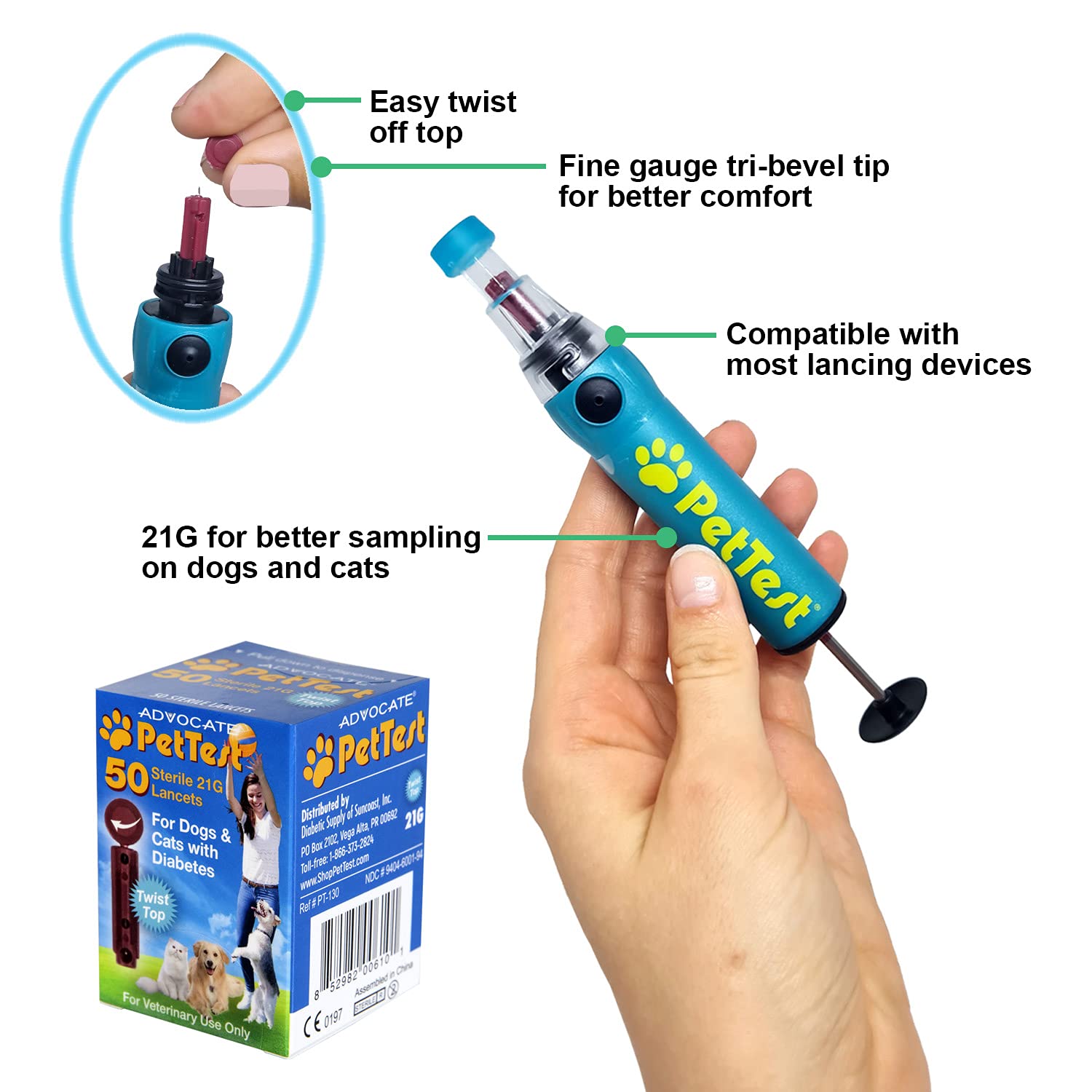 PetTest Sterile Twist-Top Lancets 21G for Dogs and Cats, for use with PetTest Diabetes Glucose Monitoring System (50 Lancets)