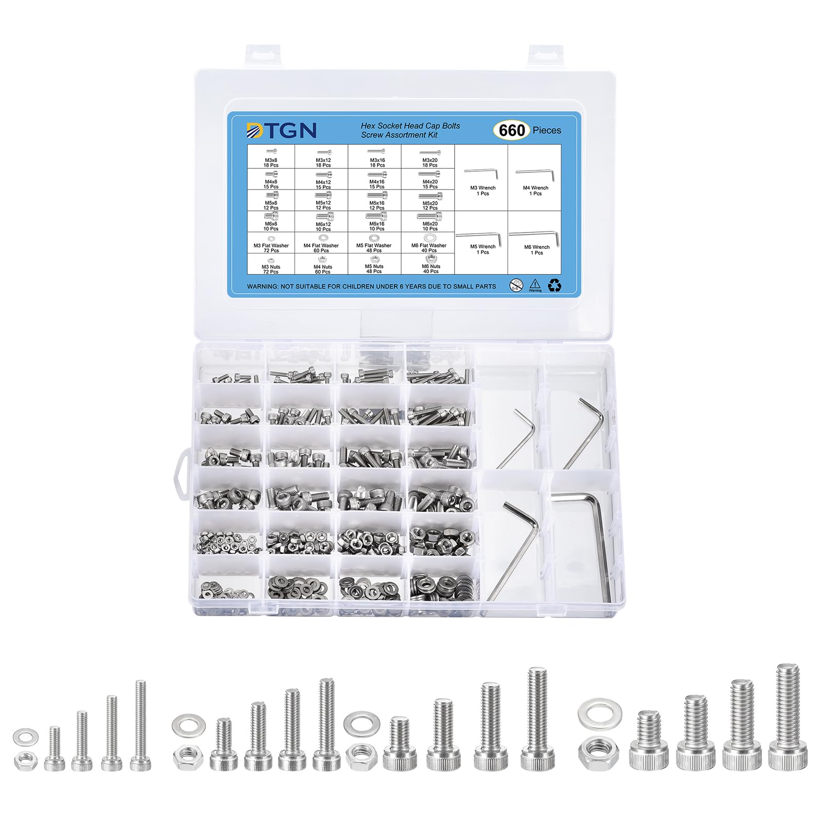 DTGN 660Pcs Metric Screw Assortment, M3 M4 M5 M6 Bolts and Nuts Kit, 304 Stainless Steel 8/12/16/20mm Hex Socket Head Cap Screws Bolt Set With Wrench, Washers for 3D Printing DIY