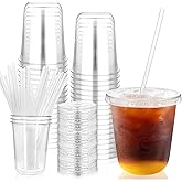 RMERVE 50 Sets Plastic Cups with Lids and Straws,Disposable Plastic Iced Coffee Cup for party Beverage, Disposable Drinking PET Cups for Coffee Cold Drinks Juice Smoothie Christmas (Clear, 12 oz)