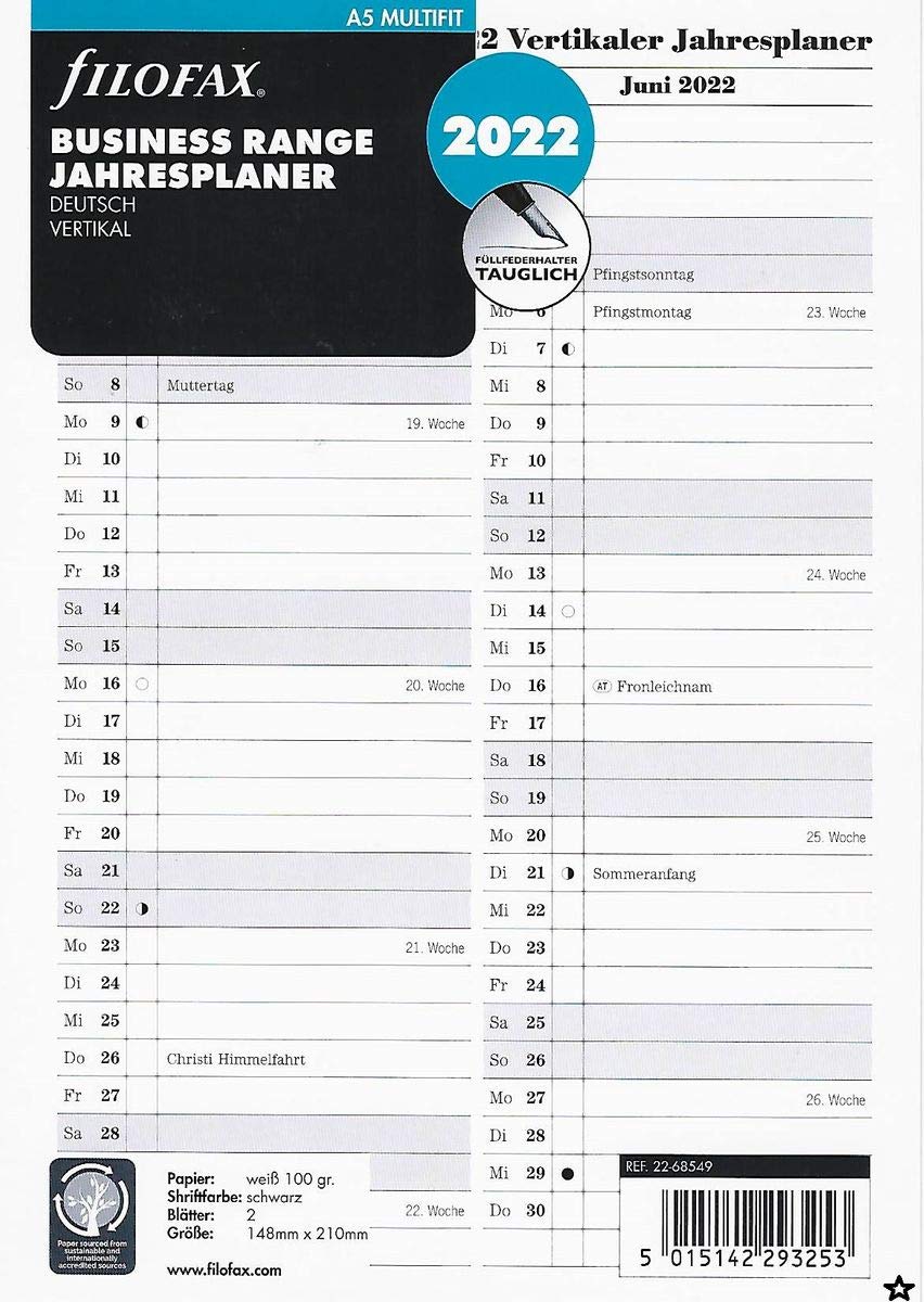 Filofax 2022 A5 Year Planner Folding Calendar Leporello DEU Vertical 22-68549