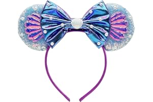 WW-WONDERFULWORLD Mouse Ears Headbands With Shiny Sequins and Exquisite Shell & Pearl Decoration, for Girls Costume Cosplay Glitter Party, Purple+Blue; BK-L