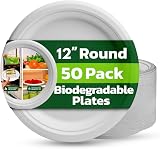 Ask Packaging 12 Inch Bagasse Plates 50 Pack - Compostable Heavy Duty Eco Clean