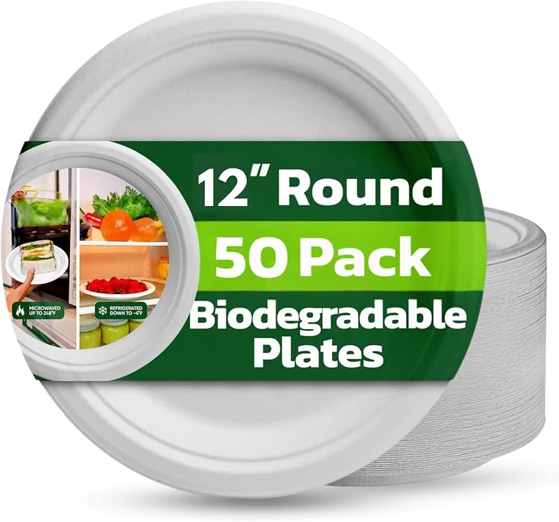 Ask Packaging 12 Inch Bagasse Plates 50 Pack - Compostable Heavy Duty Eco Clean