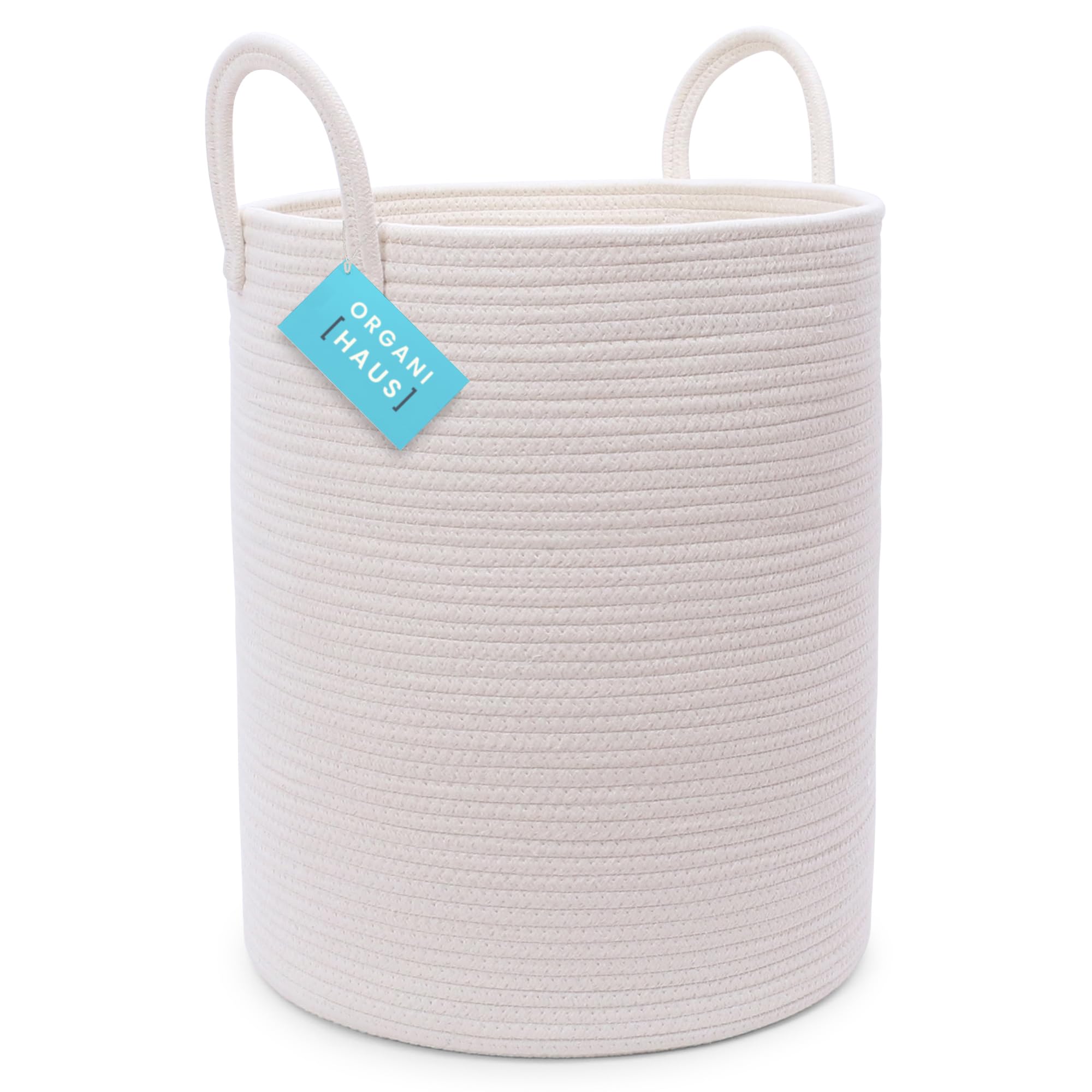 Photo 1 of OrganiHaus White Laundry Basket 15x18, Cotton Rope Basket for Blankets, Tall Woven Baskets for Storage, Large Basket for Toys, Soft Blanket Holder Bin, Boho Blanket Basket for Living Room