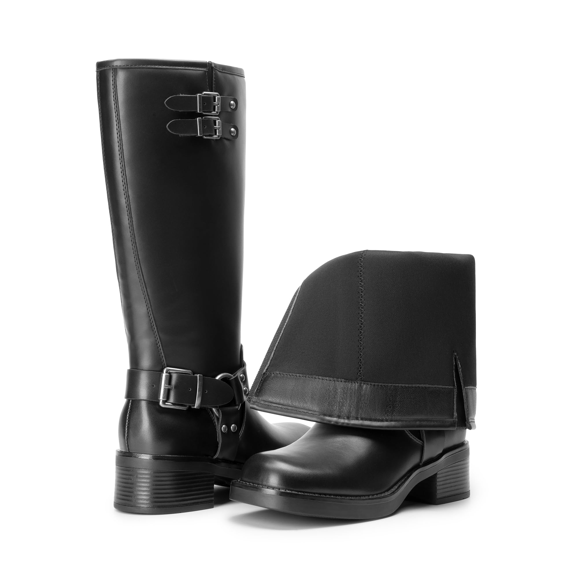 DREAM PAIRS Women's Knee High Boots Side Zipper Motorcycle Boots Square Toe Chunky Low Heel Fashion Buckles Biker Riding Boots