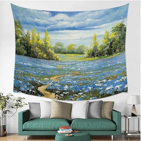 Amazon Co Jp Zzdhewyz 地面の壁に青い花畑のあるタペストリー秋の森寝室のリビングルームにぶら下がっているタペストリーの家の装飾の壁150x100cm ホーム キッチン