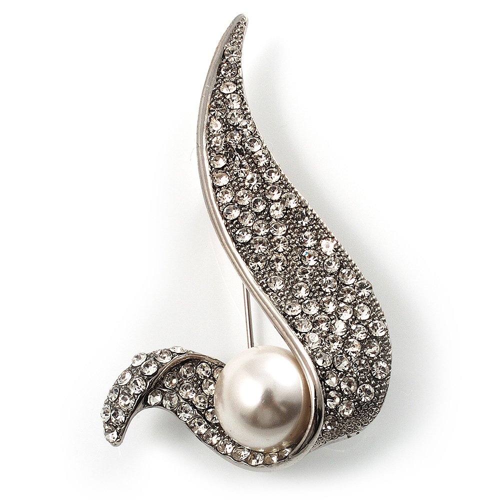 Modern Diamante Faux Pearl Leaf Brooch (Silver Tone)