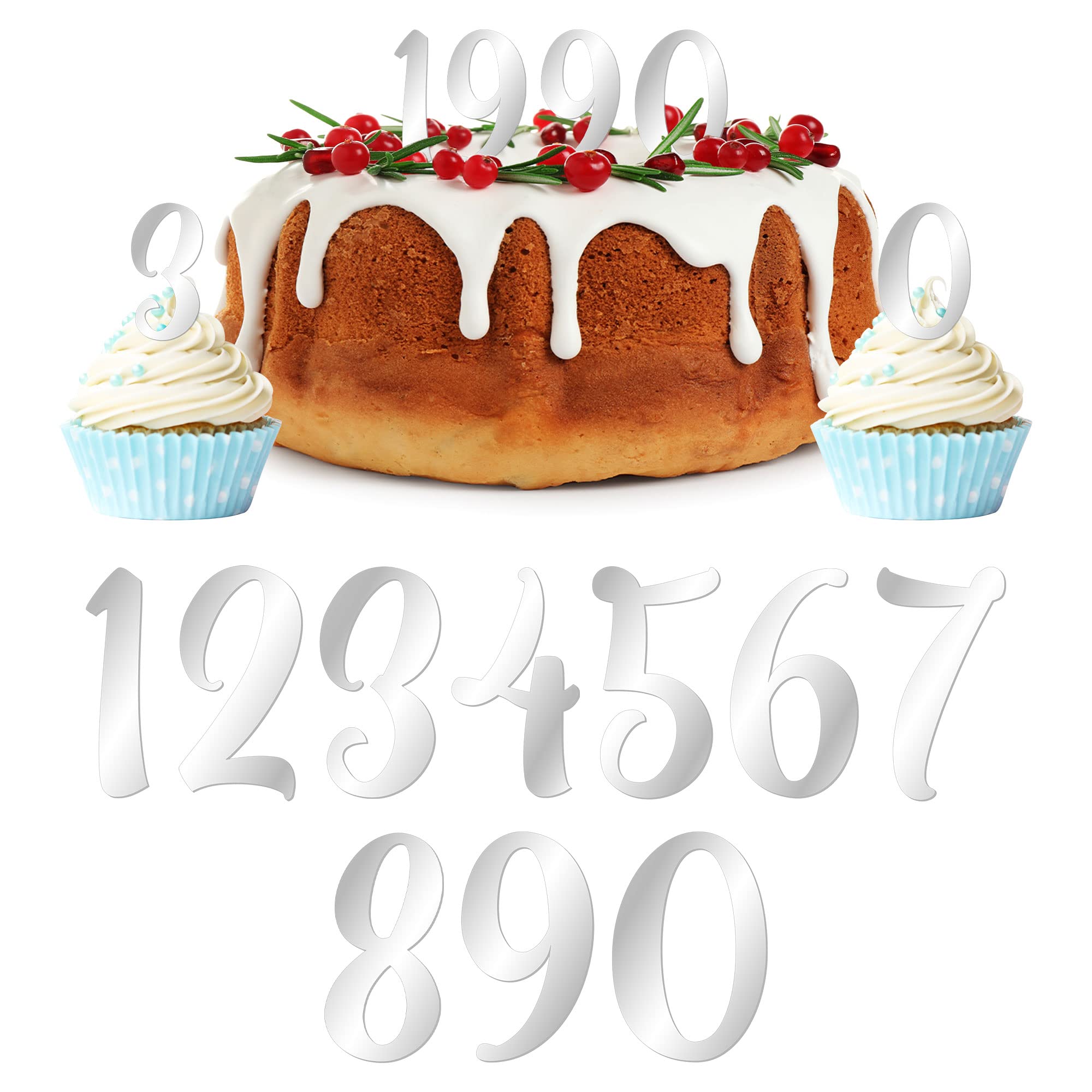 Gyufise 10Pcs Acrylic Number Cake Topper DIY Cupcake Toppers with 0-9 Numbers Mirrored Silver Picks for Wedding Cake Decorations Happy Birthday Baby Shower Party Supplies