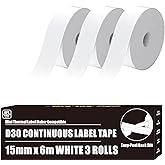 D30 Labels Waterproof Oilproof Compatible for Phomemo Continuous Non-Precut Labels for Phomemo D30 Label Tape for Vretti HP3 HP4 HP6 Print Master Refill D35 Q30 White Continuous 3 Rolls 15mm x 6m