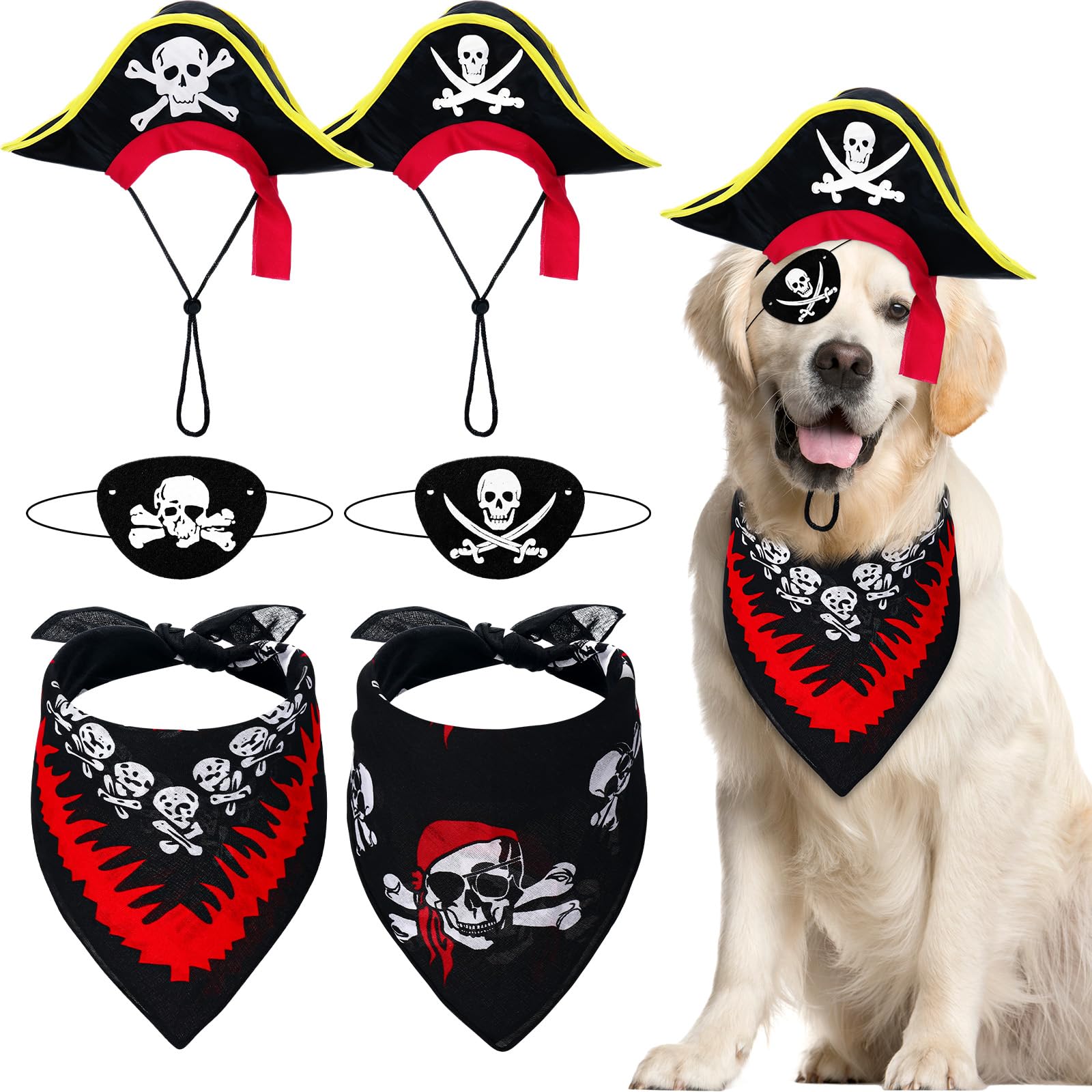 Photo 1 of Velmitten 6 Pieces Dog Pirate Halloween Costumes Include Skull Print Hat Pirate Skull Bandana and Eye Patch Set Halloween Cosplay Party for Pet Hat Dress up Costume Accessories