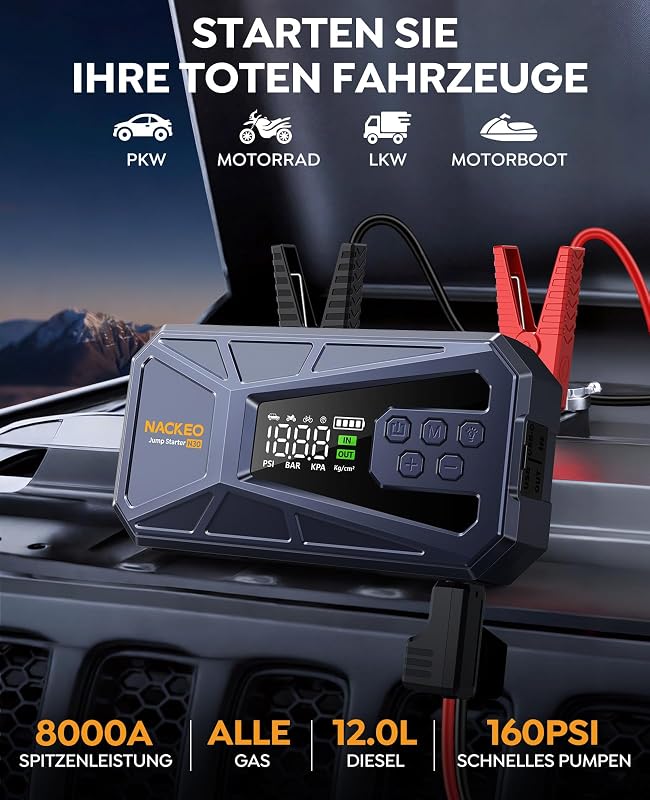 8000A Starthilfe Powerbank mit Kompressor 160 PSI, 12V Auto Starthilfe Powerbank für alle Benzinmotoren und bis zu 12,0L Dieselmotoren, tragbares Starthilfegerät mit 600LM LED-Licht & Starthilfekabeln