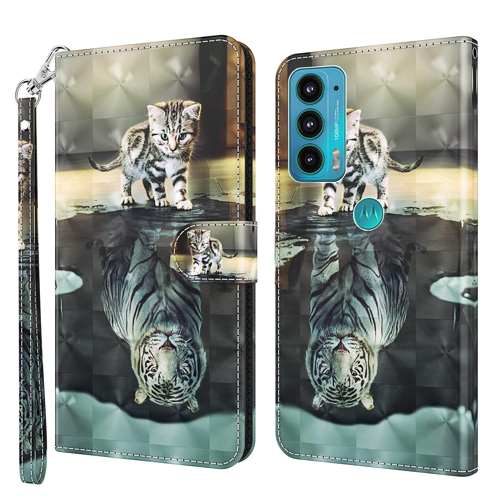 Motorola Moto E40 / E30 / E20 Case, 3D Shockproof Soft PU Leather Wallet Flip Phone Case with Magnetic Stand Card Holder Folio TPU Bumper Protective Cover for Moto E40 / E30 / E20, Cat & Tiger