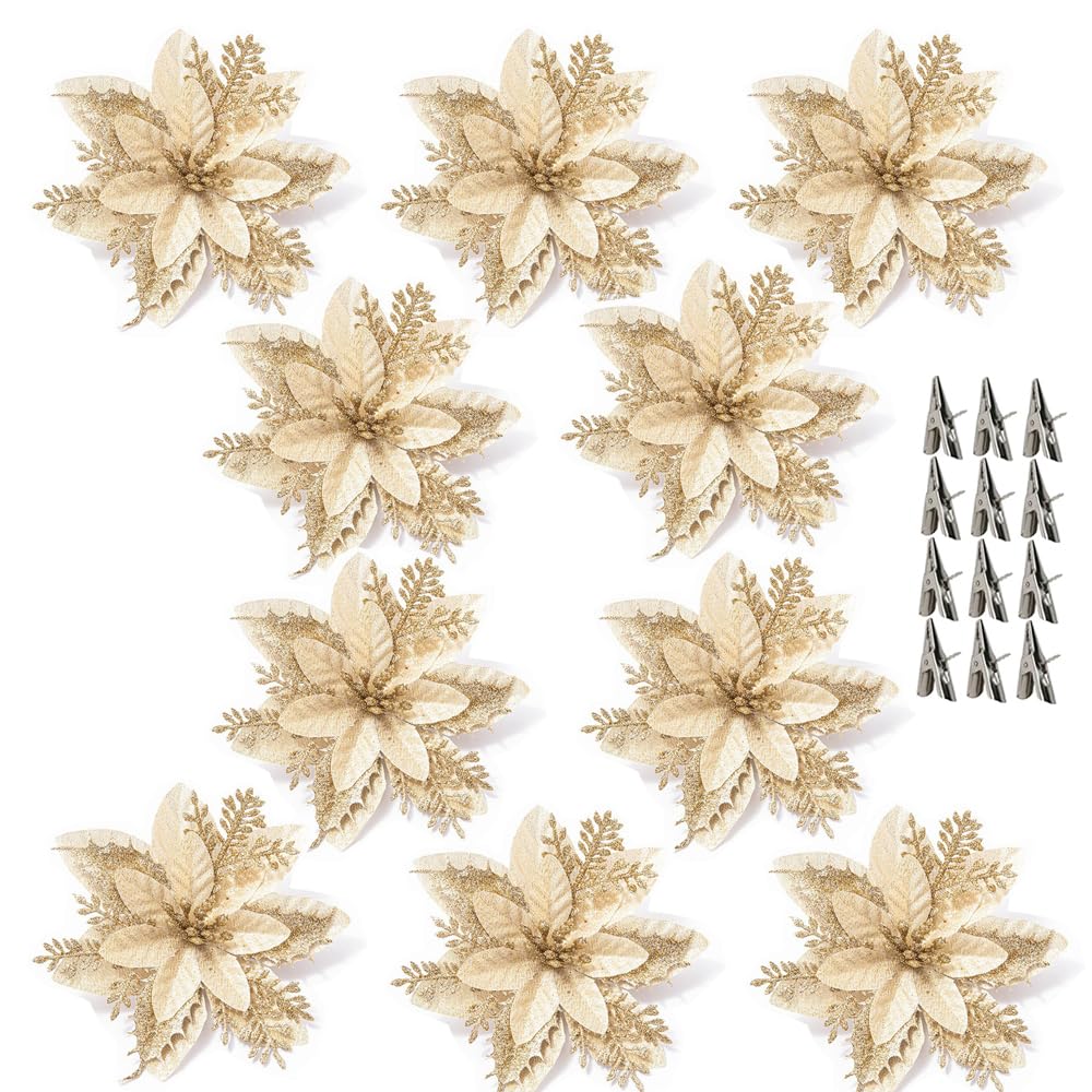 SECALIFE 10 PCS Christmas Tree Flowers Decorations with Clip, 15cm Christmas Glitter Poinsettia Flowers for Tree & Wreaths, Gold