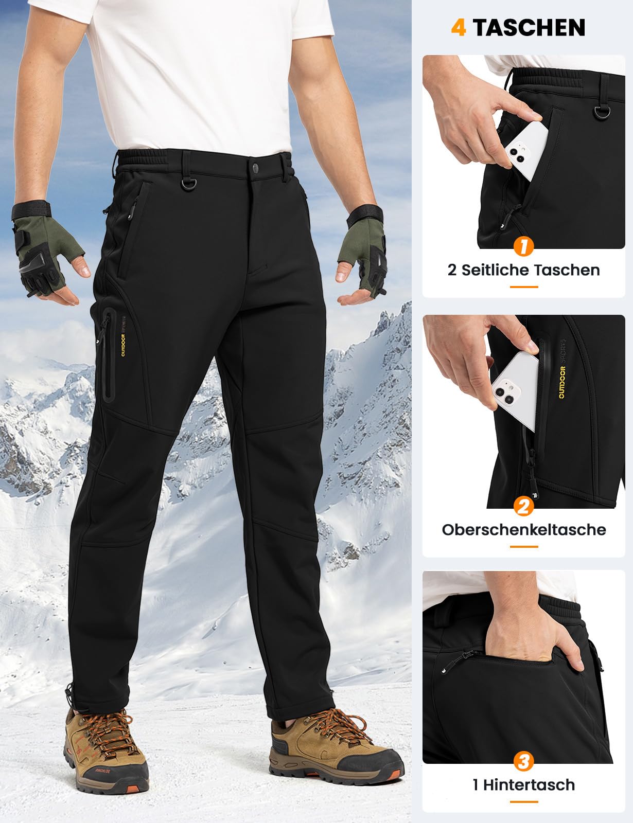 Rdruko Wanderhose Herren Skihose Wasserdicht Softshellhose Gefüttert Winddicht Thermohose Winter Outdoorhose Snowboardhose Trekkinghose - Schwarz, 32 3
