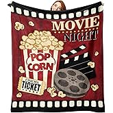 Zzkol Movie Night Flannel Throw Blanket, Popcorn Cinema Ticket Gifts for Adult Kids Women Men Movie Lover, Birthday Ideas for Home Film Theater Decor Supplies 50" x 60"