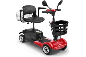 WheelWavi 4 Wheel Compact Mobility Scooter,Foldable Electric Scooter for Seniors and Adults, Heavy Duty Travel Model with Lights, Basket, and Long-Lasting Battery (Red)