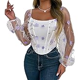 GIYKBX Women's Floral Embroidered Mesh Sleeve Crop Top Square Neck Slim Fit Off-Shoulder Trendy Blouse
