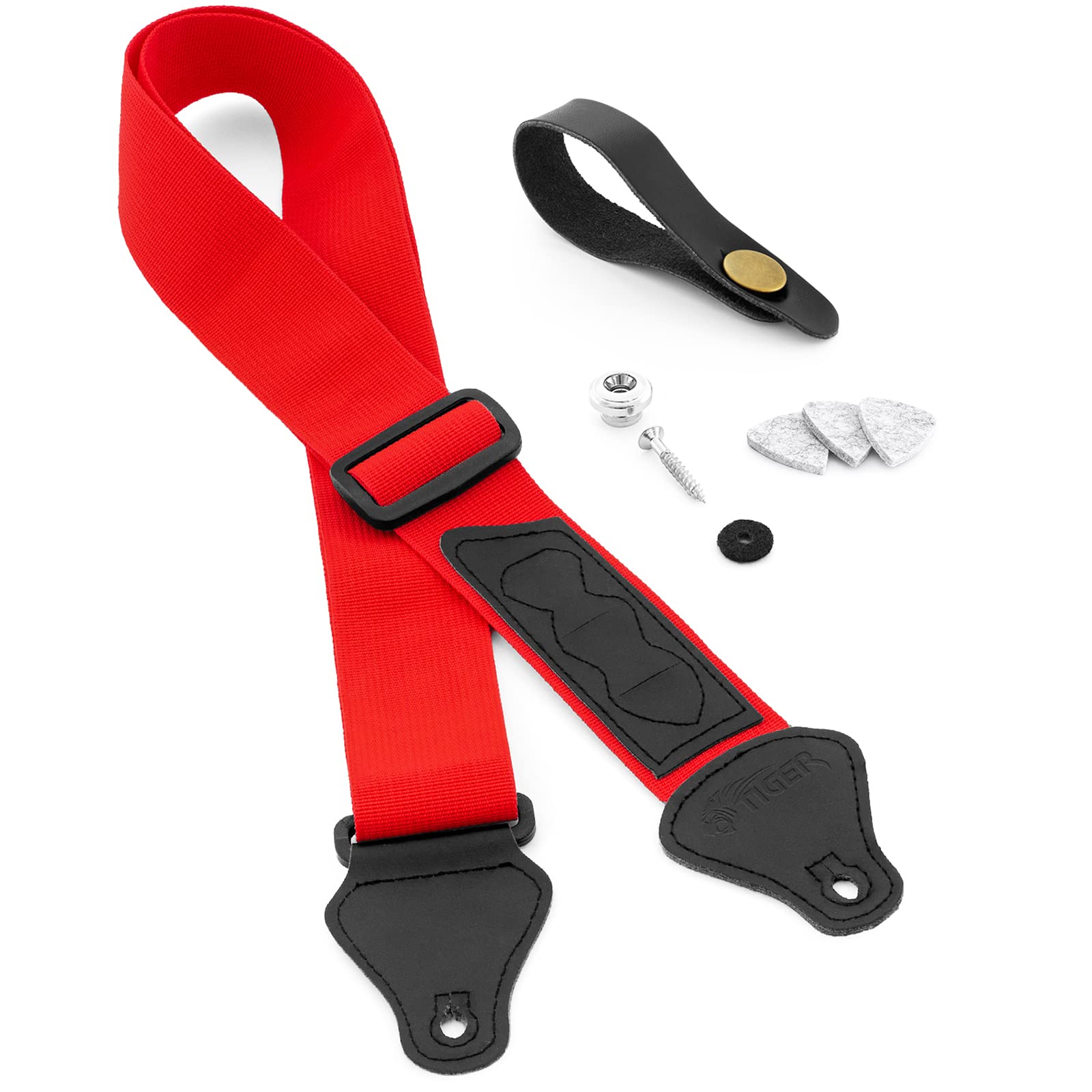 Tiger UAC4-RD-PACK Ukulele Strap Pack includes Strap, Headstock Neck Tie, Strap Button/End Pin and 3 Felt Picks - Suitable for Soprano, Concert, Tenor and Baritone Ukes - Red