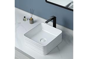 bathivy Rectangle Bathroom Vessel Sink and Pop up Drain Combo, 15"x15" Above Counter Artistic Sink Bowl White Modern Porcelain Ceramic Art Basin, Rectangular Lavatory Bowl Bathroom Vessel Vanity Sink