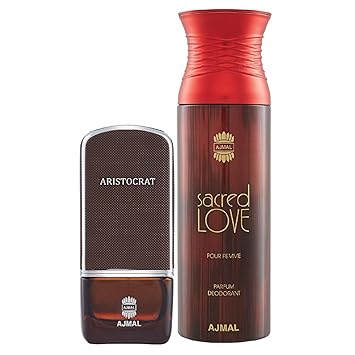 Ajmal Aristocrat EDP Citrus Woody Perfume 75ml for Men and Sacred Love Deodorant Floral Musky Fragrance 200ml for Women+ 2 Parfum Testers FREE