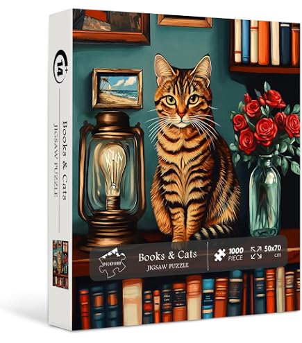 1000 Teile Puzzle "Katze In Bibliothek" Für Erwachsene | Vintage Buch-Design, 70x50 Cm Fertig