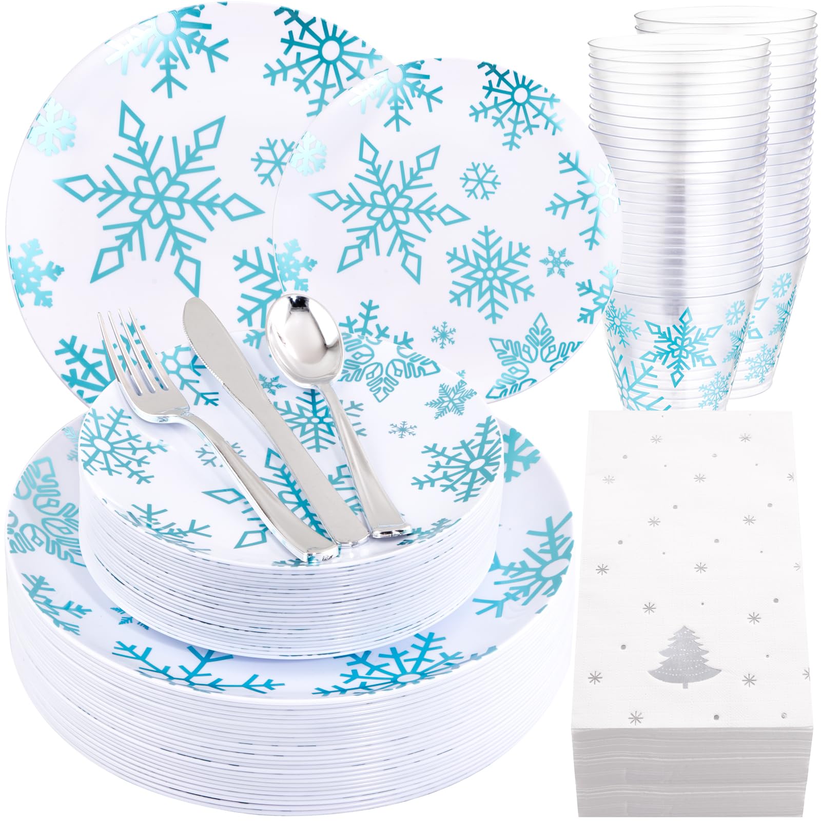 WDF 175Pcs Christmas Plates and Napkins Disposable Dinnerware Set for 25 Guests, White Blue Plates with Silverware, White Snowflake Cups and Festive Holiday Napkins Perfect for Christmas Winter Image