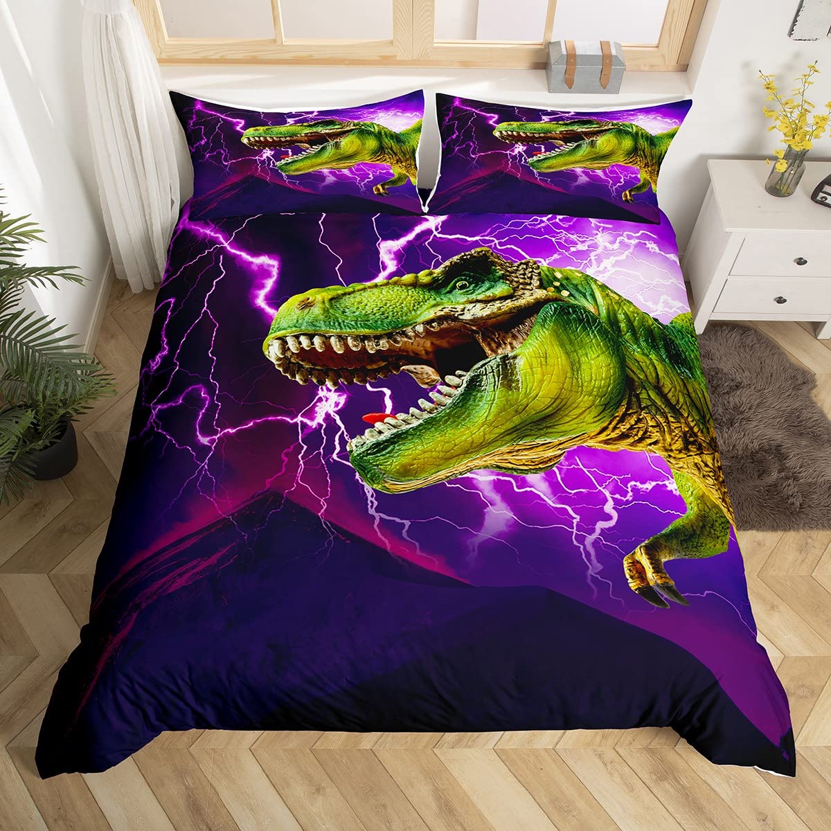 Kids Dinosaur Bedding Set 3D Dinosaur Duvet Cover for Boys Girls Bedroom Purple Linghtning Volcano Comforter Cover Set Jungle Animals Bedspread Cover Single Size
