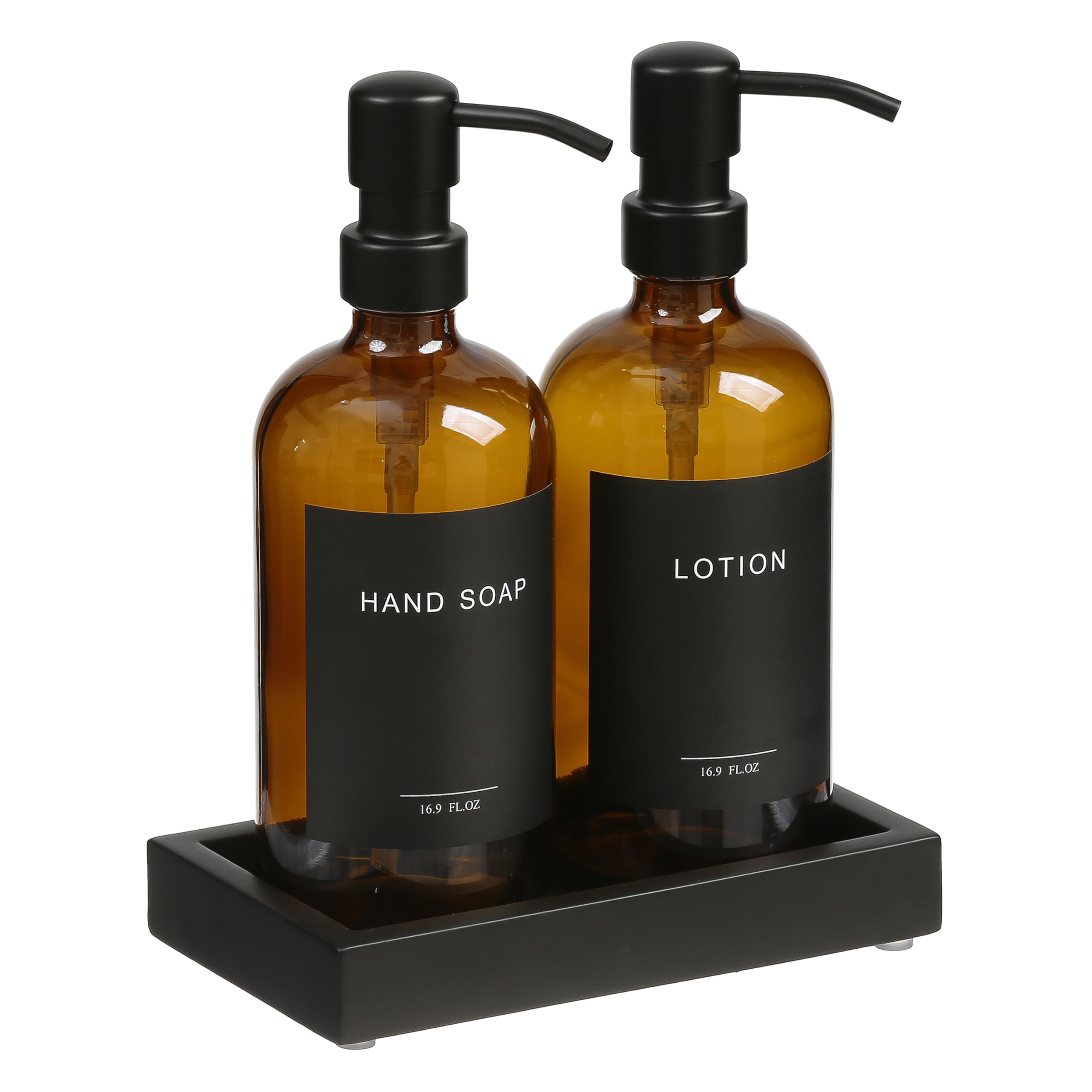 Glass Soap Dispenser with Pump and Concrete Tray | Vintage Soap Dispenser Bathroom and Kitchen Set w. Dish Soap, Hand Soap, Lotion Waterproof Labels (Black Concrete Tray, Amber Bottles + Black Pumps)