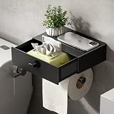 Voldra Toilet Roll Holder with Shelf Black Aluminum Wall Mount Drawer view 1
