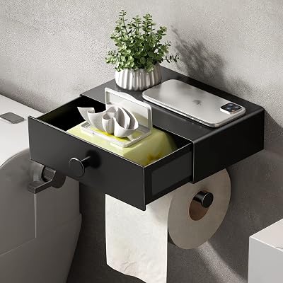 Voldra Toilet Roll Holder with Shelf Black Aluminum Wall Mount Drawer