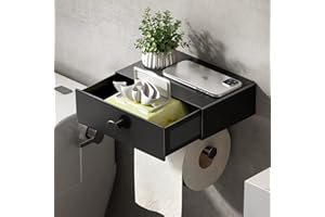 VOLDRA Toilet Paper Holder with Shelf Black Wipes Dispenser for Bathroom Toilet Paper Holder with Storage Upgrade Drawer Design Toilet Tissue Holder Adhesive Small Bathroom Shelf Wall Mount