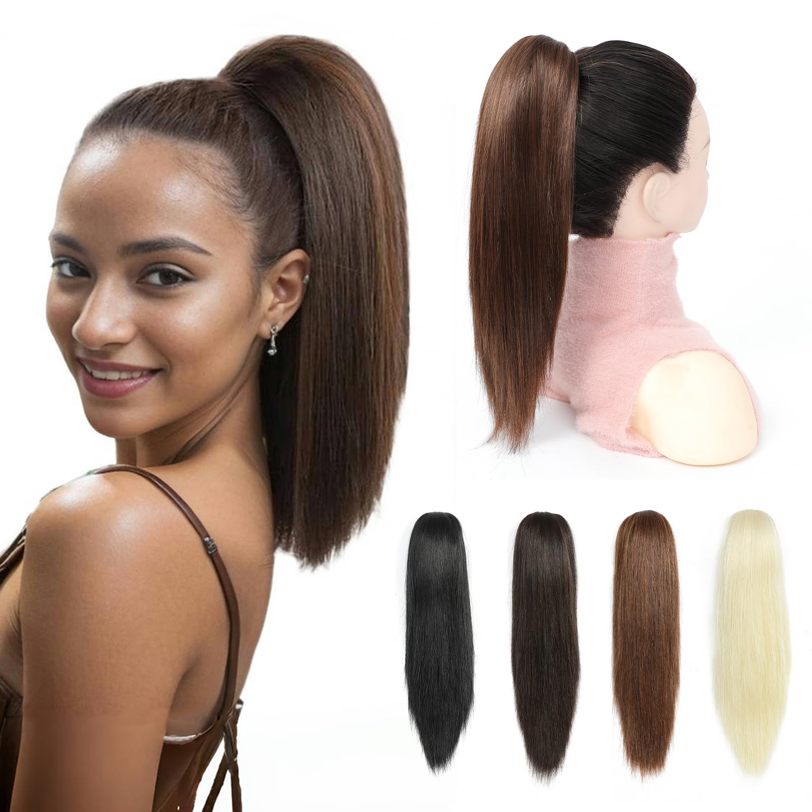 Yamel Ponytail Extension 12 Inch Medium Brown Straight Hair Ponytail Synthetic Hairpiece for Women Claw Clip Ponytail — image 1