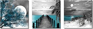 Landscape Artwork Teal Coastal Beach Wall Art Moon Canvas Prints Ocean Painting For Office Home Decor(12"x 12"x 3 Panels Framed)