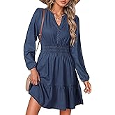Simplee Womens Fall Denim Dress Casual Long Sleeve V Neck Empire Waist Ruffle A Line Flowy Short Jean Dresses with Pockets